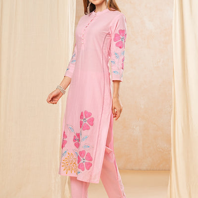 Floral Patch work Embroidered Straight Kurta with Pant - Pink
