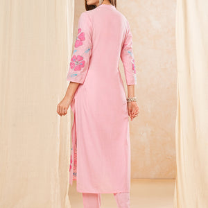 Floral Patch work Embroidered Straight Kurta with Pant - Pink
