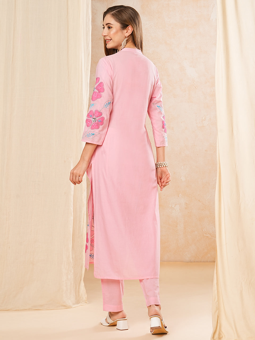 Floral Patch work Embroidered Straight Kurta with Pant - Pink