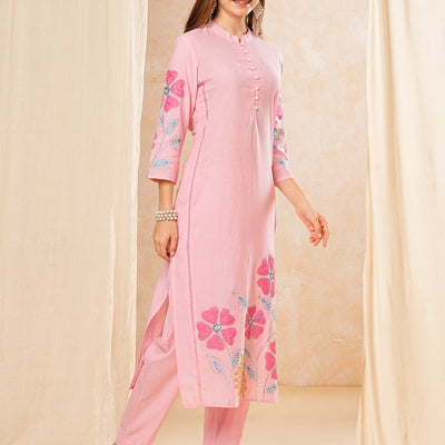 Floral Patch work Embroidered Straight Kurta with Pant - Pink
