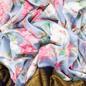 Light Blue Handloom Kanchipuram Korvai Silk Saree Printed With Floral Motifs