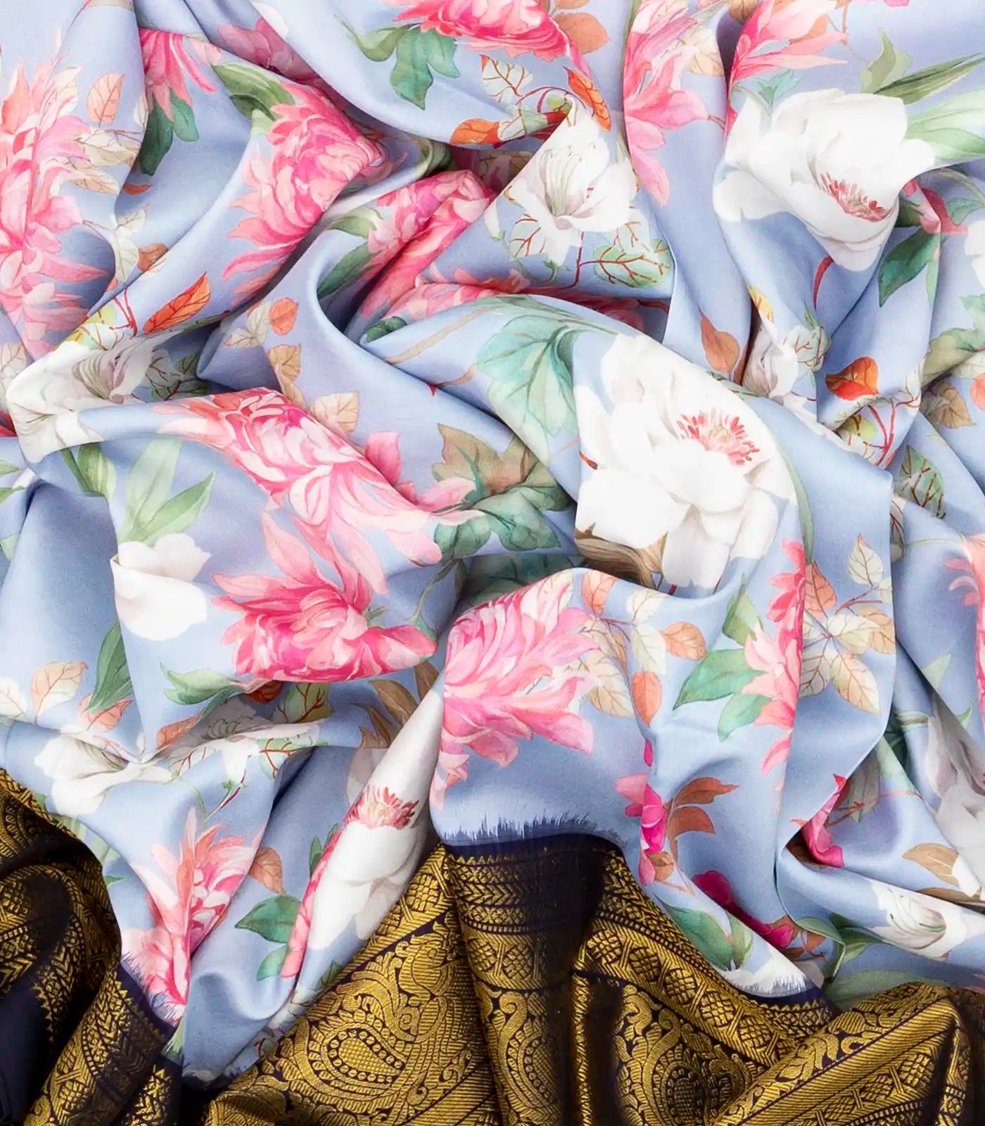 Light Blue Handloom Kanchipuram Korvai Silk Saree Printed With Floral Motifs