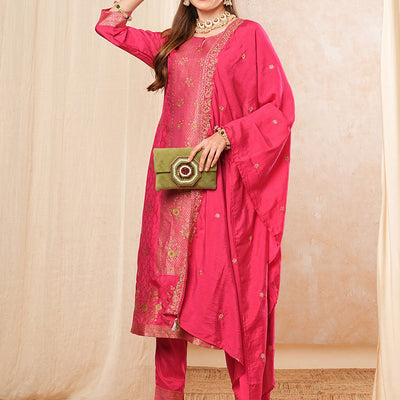 Ethnic Woven & Embroidered Straight Kurta with Pant & Dupatta - Fuchsia
