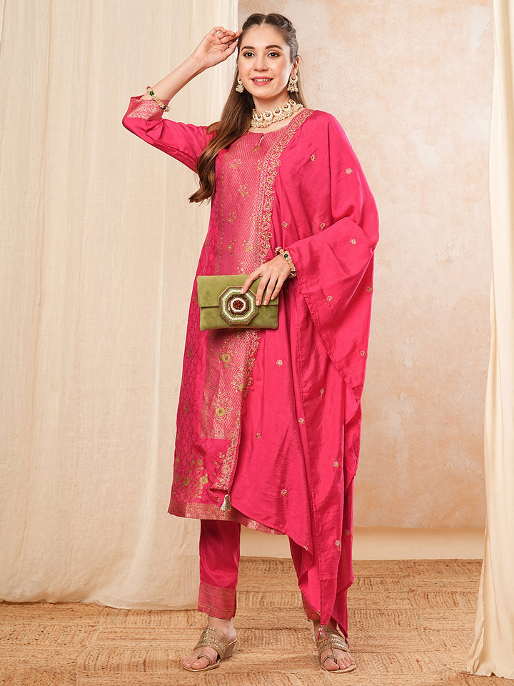 Ethnic Woven & Embroidered Straight Kurta with Pant & Dupatta - Fuchsia