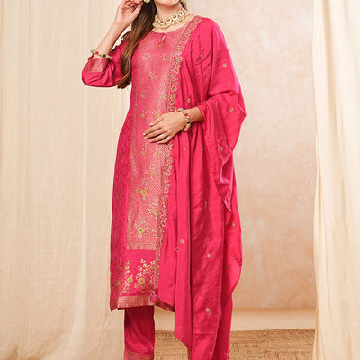Ethnic Woven & Embroidered Straight Kurta with Pant & Dupatta - Fuchsia