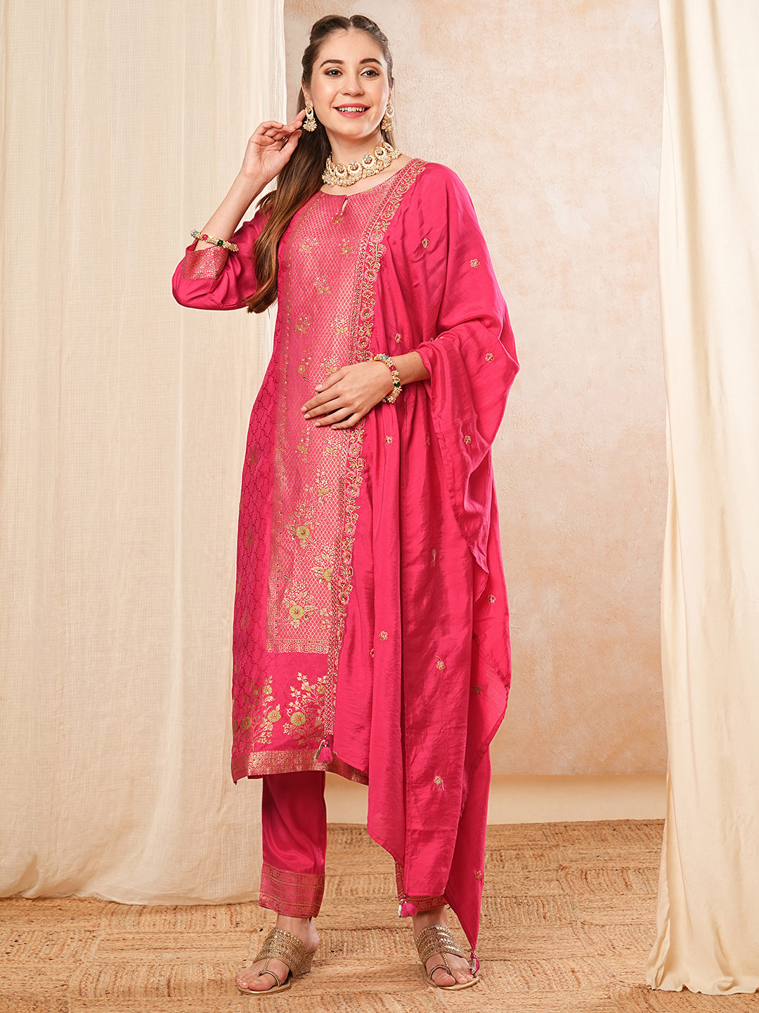 Ethnic Woven & Embroidered Straight Kurta with Pant & Dupatta - Fuchsia