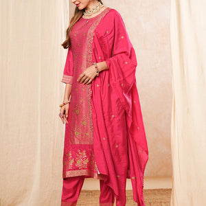 Ethnic Woven & Embroidered Straight Kurta with Pant & Dupatta - Fuchsia
