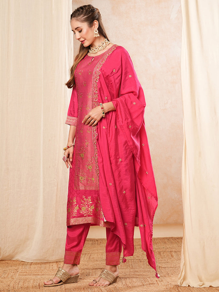 Ethnic Woven & Embroidered Straight Kurta with Pant & Dupatta - Fuchsia