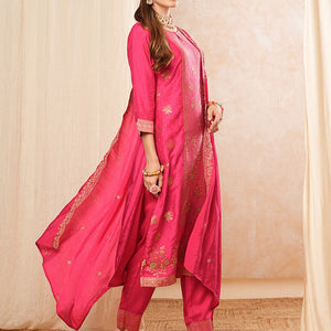 Ethnic Woven & Embroidered Straight Kurta with Pant & Dupatta - Fuchsia