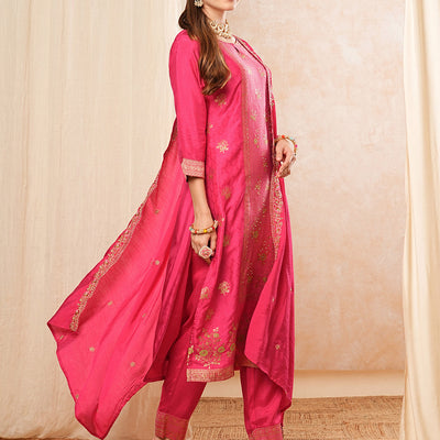 Ethnic Woven & Embroidered Straight Kurta with Pant & Dupatta - Fuchsia