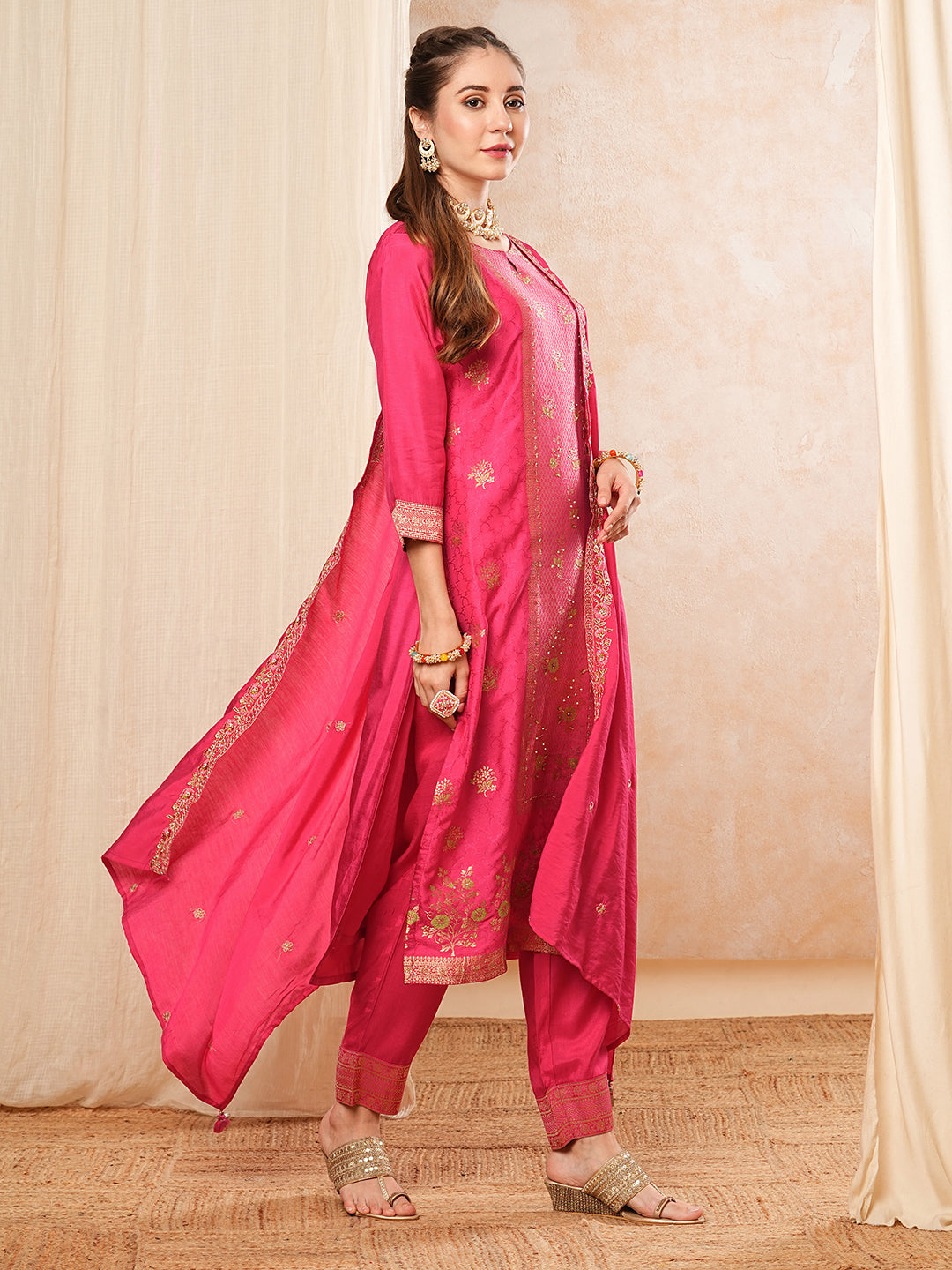 Ethnic Woven & Embroidered Straight Kurta with Pant & Dupatta - Fuchsia