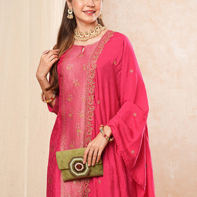 Ethnic Woven & Embroidered Straight Kurta with Pant & Dupatta - Fuchsia