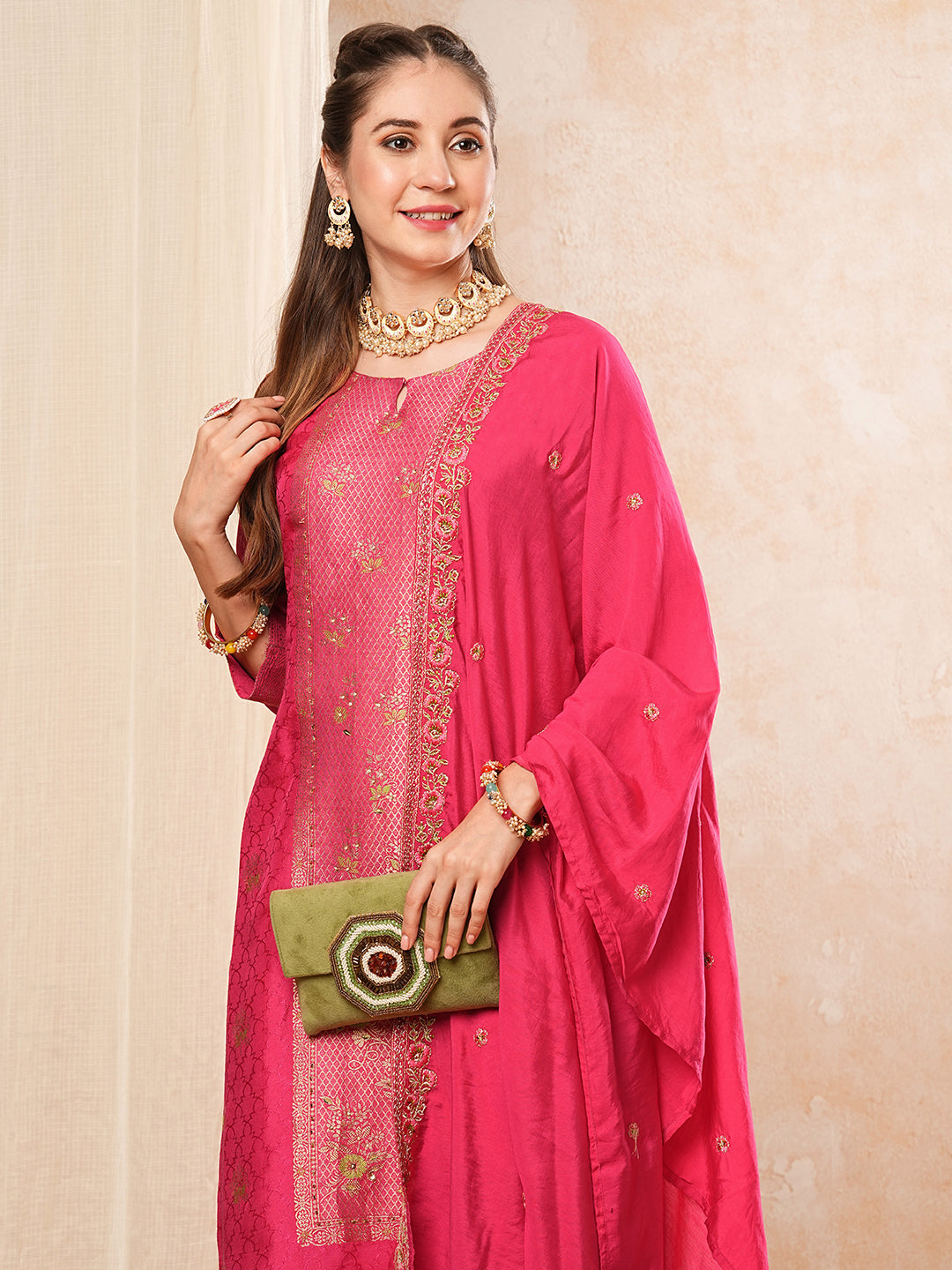 Ethnic Woven & Embroidered Straight Kurta with Pant & Dupatta - Fuchsia