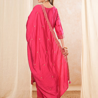 Ethnic Woven & Embroidered Straight Kurta with Pant & Dupatta - Fuchsia