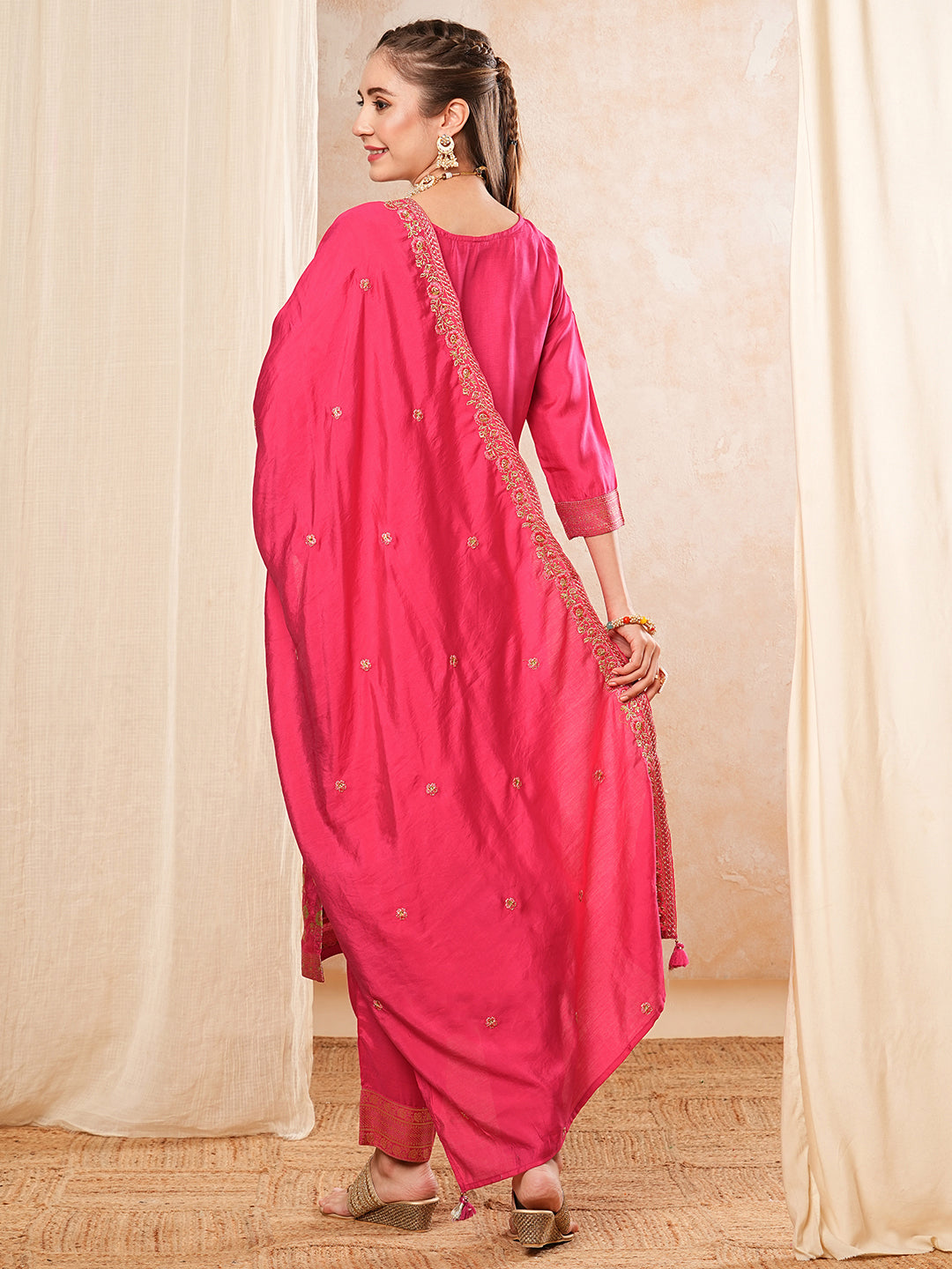 Ethnic Woven & Embroidered Straight Kurta with Pant & Dupatta - Fuchsia