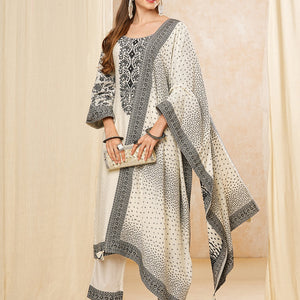 Floral Woven & Embroidered Straight Kurta with Pant & Dupatta - Off White