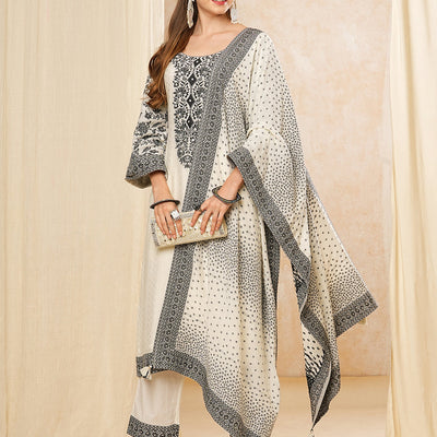 Floral Woven & Embroidered Straight Kurta with Pant & Dupatta - Off White