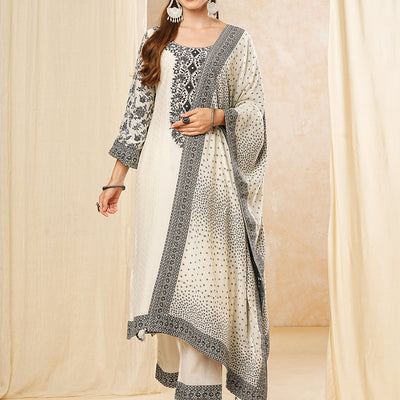 Floral Woven & Embroidered Straight Kurta with Pant & Dupatta - Off White