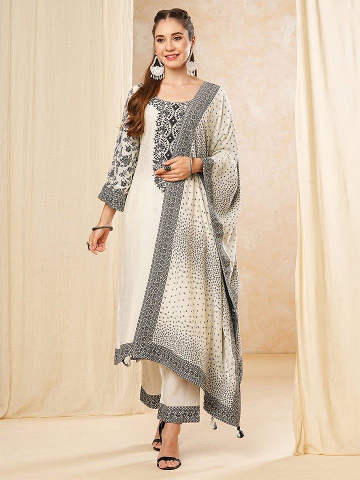 Floral Woven & Embroidered Straight Kurta with Pant & Dupatta - Off White