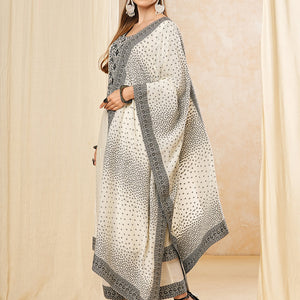 Floral Woven & Embroidered Straight Kurta with Pant & Dupatta - Off White