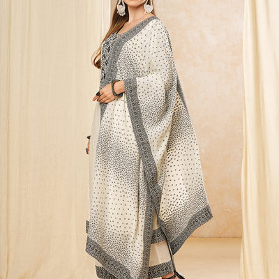 Floral Woven & Embroidered Straight Kurta with Pant & Dupatta - Off White