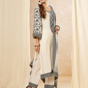 Floral Woven & Embroidered Straight Kurta with Pant & Dupatta - Off White
