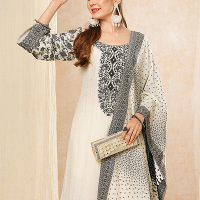 Floral Woven & Embroidered Straight Kurta with Pant & Dupatta - Off White