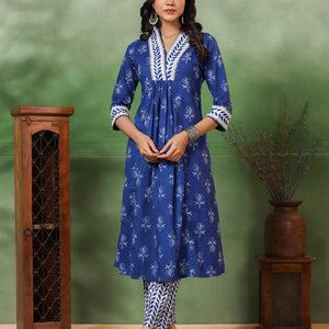 Floral & Ethnic Stripes Printed A-Line Pleated Kurta with Pant - Blue