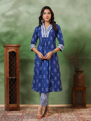 Floral & Ethnic Stripes Printed A-Line Pleated Kurta with Pant - Blue