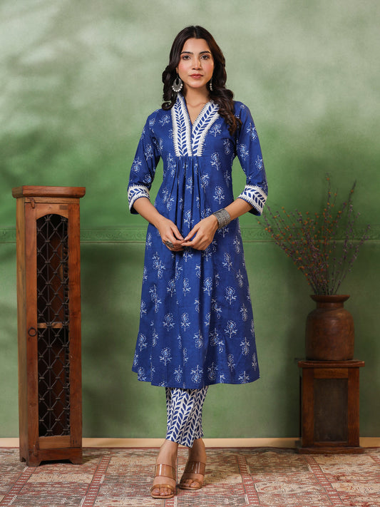 Floral & Ethnic Stripes Printed A-Line Pleated Kurta with Pant - Blue