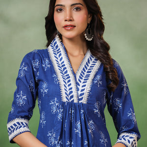 Floral & Ethnic Stripes Printed A-Line Pleated Kurta with Pant - Blue