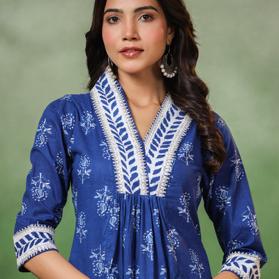 Floral & Ethnic Stripes Printed A-Line Pleated Kurta with Pant - Blue