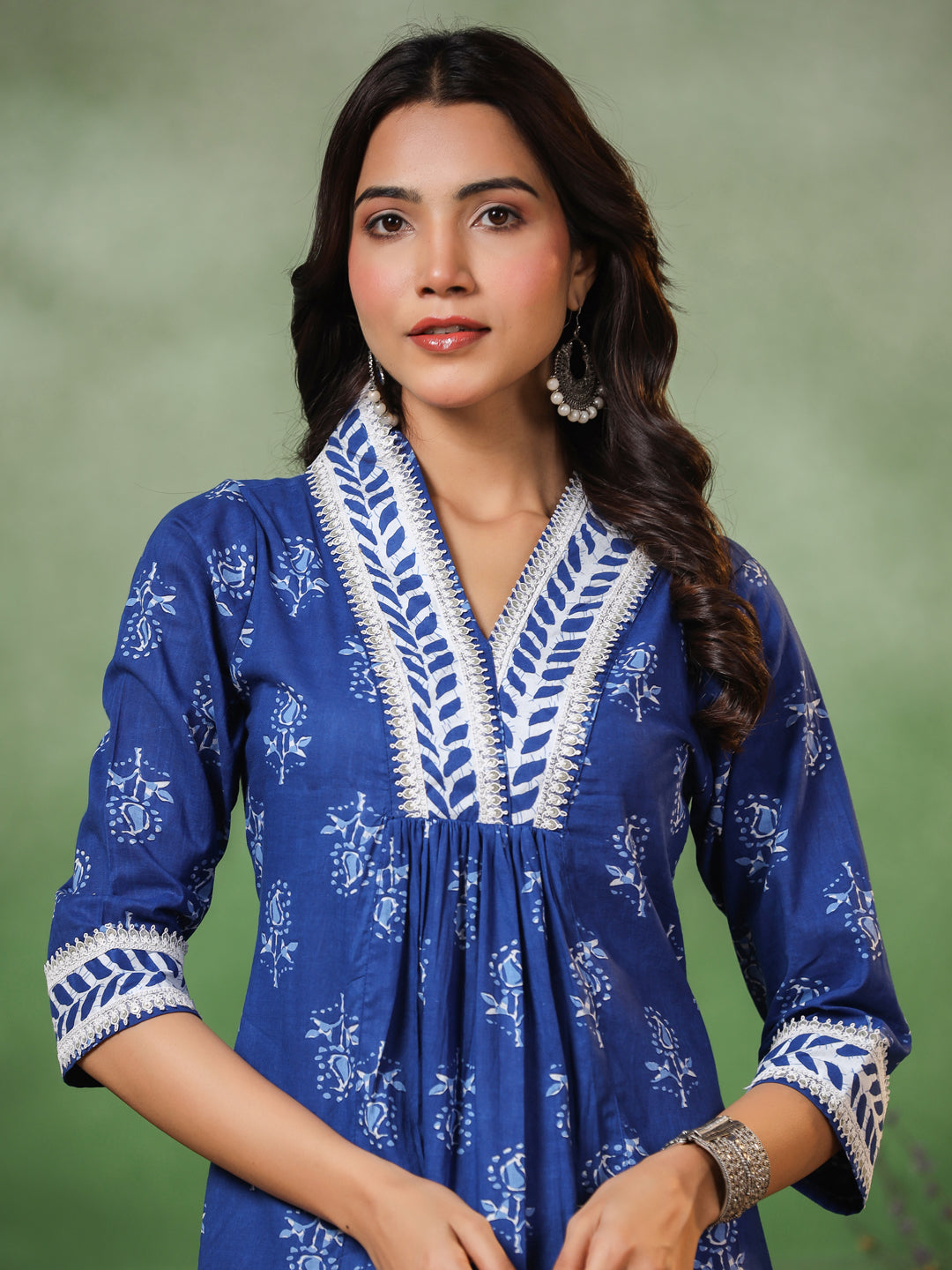 Floral & Ethnic Stripes Printed A-Line Pleated Kurta with Pant - Blue