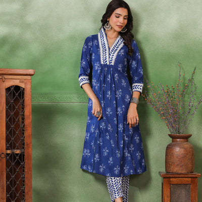 Floral & Ethnic Stripes Printed A-Line Pleated Kurta with Pant - Blue