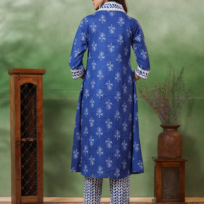 Floral & Ethnic Stripes Printed A-Line Pleated Kurta with Pant - Blue