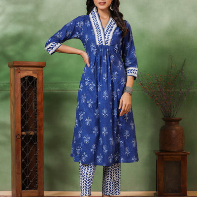 Floral & Ethnic Stripes Printed A-Line Pleated Kurta with Pant - Blue