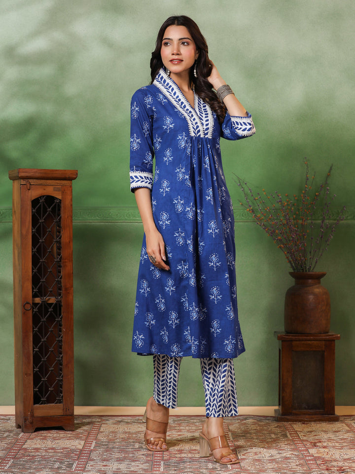 Floral & Ethnic Stripes Printed A-Line Pleated Kurta with Pant - Blue