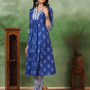 Floral & Ethnic Stripes Printed A-Line Pleated Kurta with Pant - Blue