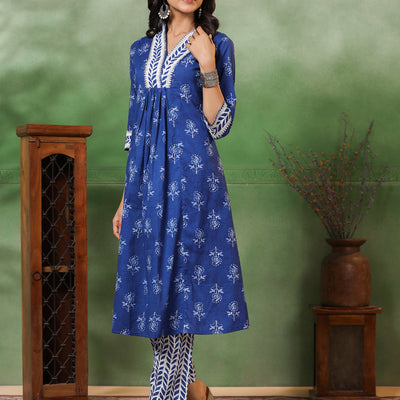 Floral & Ethnic Stripes Printed A-Line Pleated Kurta with Pant - Blue