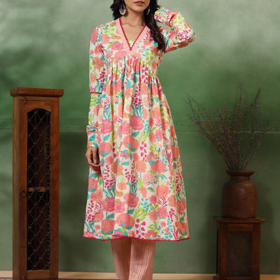 Abstract Floral & Stripes Printed A-Line Pleated Kurta with Pant - Peach