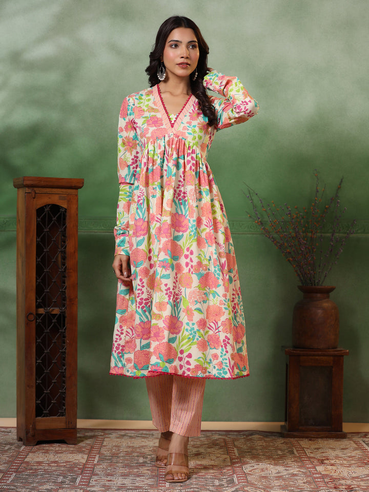 Abstract Floral & Stripes Printed A-Line Pleated Kurta with Pant - Peach