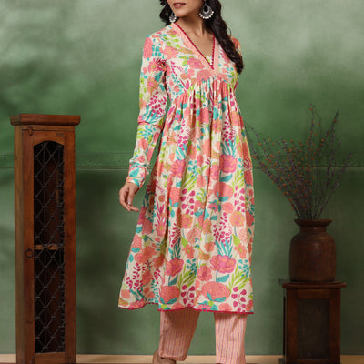 Abstract Floral & Stripes Printed A-Line Pleated Kurta with Pant - Peach