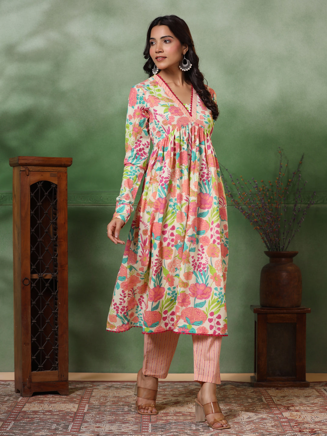 Abstract Floral & Stripes Printed A-Line Pleated Kurta with Pant - Peach