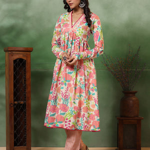 Abstract Floral & Stripes Printed A-Line Pleated Kurta with Pant - Peach