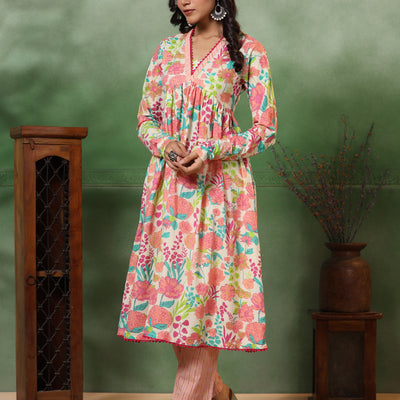 Abstract Floral & Stripes Printed A-Line Pleated Kurta with Pant - Peach