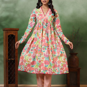 Abstract Floral & Stripes Printed A-Line Pleated Kurta with Pant - Peach