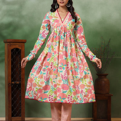 Abstract Floral & Stripes Printed A-Line Pleated Kurta with Pant - Peach