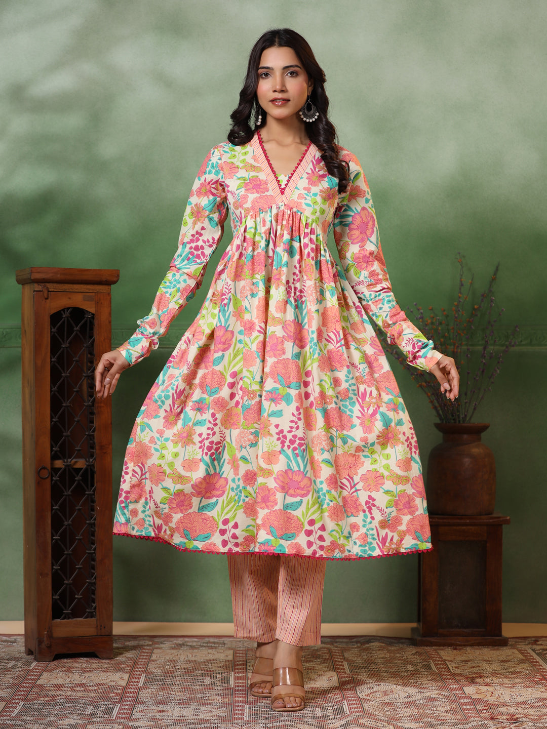 Abstract Floral & Stripes Printed A-Line Pleated Kurta with Pant - Peach