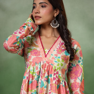 Abstract Floral & Stripes Printed A-Line Pleated Kurta with Pant - Peach