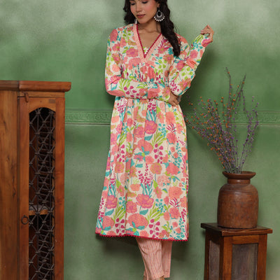 Abstract Floral & Stripes Printed A-Line Pleated Kurta with Pant - Peach